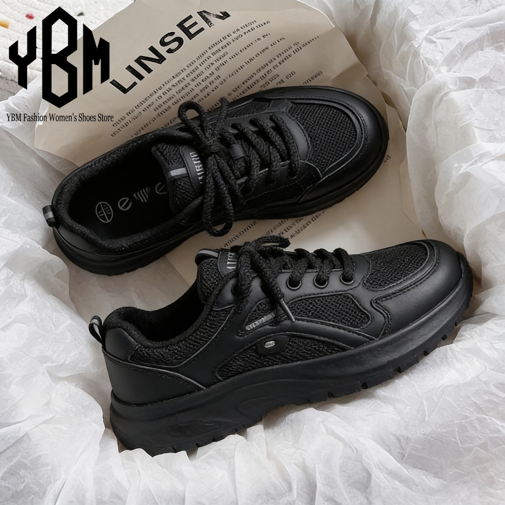 【YBM】รองเท้าผ้าใบพื้นหนาผู้หญิงสีดำ ทรงกระชับเท้า ระบายอากาศดี เดินนานไม่ปวดเท้า เหมาะใส่ทำงานและกิจกรรมกลางวัน