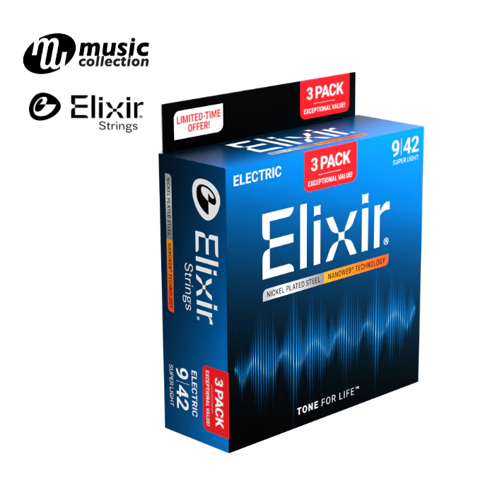 สายกีตาร์ไฟฟ้า Elixir® Nickel " Nanoweb " Super Light (.009 – .042) 3 Set #16566
