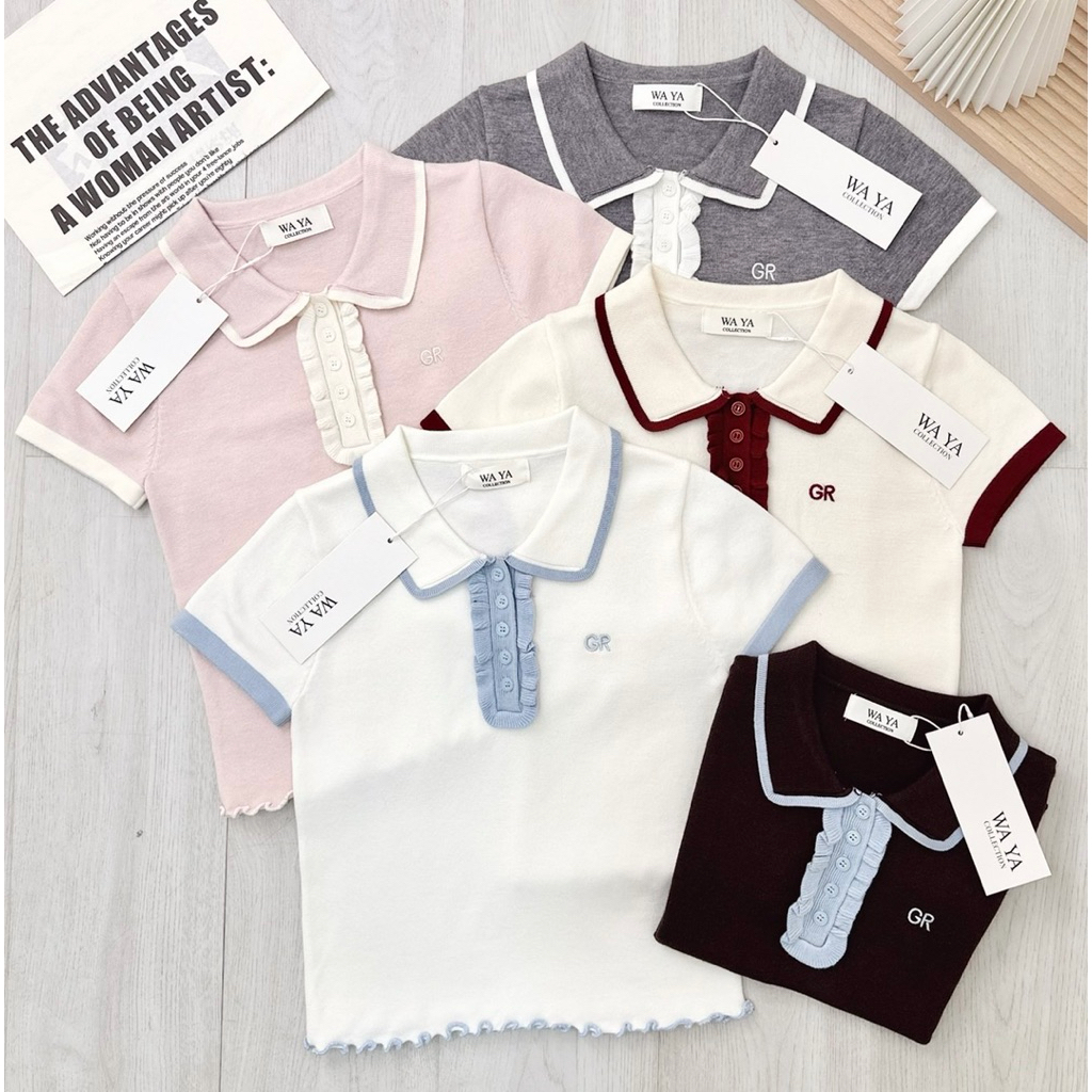 waya เสื้อไหมพรมคอปก ทูโทนแต่งระบาย