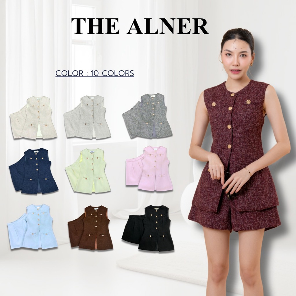Thealner - Selena suit  AN422 (เซตเสื้อแขนกุดแต่งกระดุมทองกางเกงขาสั้น)