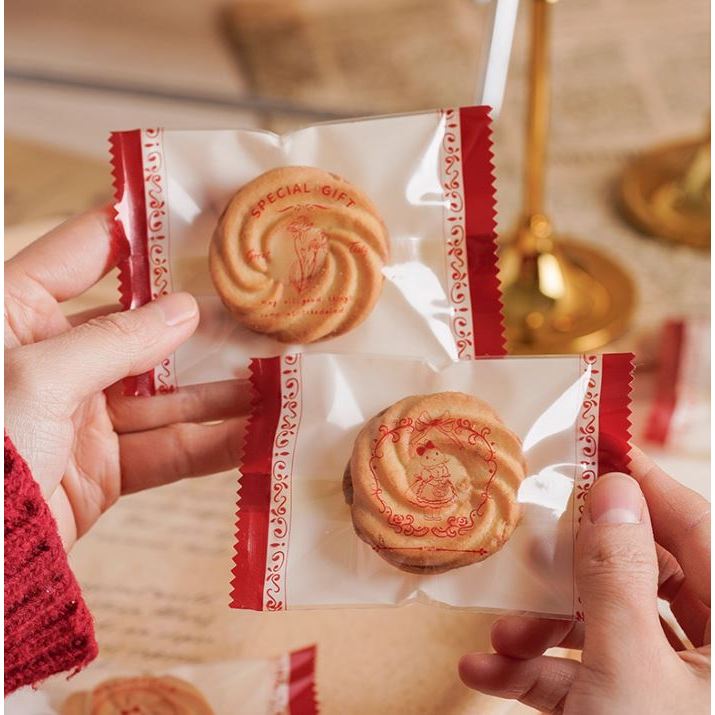 ถุงซีล ถุงใส่ขนม ถุงใส่คุกกี้ลาย ครีมแดง vintage ขนาด 7*10 cm (แพค 100 ใบ)