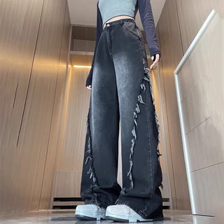 S~5XL Baggy jeans for women กางเกงยีนส์วินเทจสีดำ กางเกงขายาวทรงตรงดีไซน์ขอบดิบสุดเทรนด์ กางเกงยีนส์ขากว้างแบบลำลอง HOT