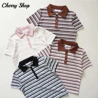 cherryshop พร้อมส่ง เสื้อยืดแขนสั้นลายทางสไตล์เกาหลีแฟชั่นลำลองสำหรับผู้หญิง ปกคอโปโล กระดุมหน้า ทรงหลวม