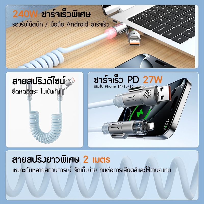 240W สายชาร์จเร็ว 4 in 1 2เมตร Fast Charging Cable USB Type C สายข้อมูลโทรศัพท์มือถือ สายเคเบิล ราคา ถูกที่สุด ดีลบีเคเค แกลเลอรีภาพที่ 4