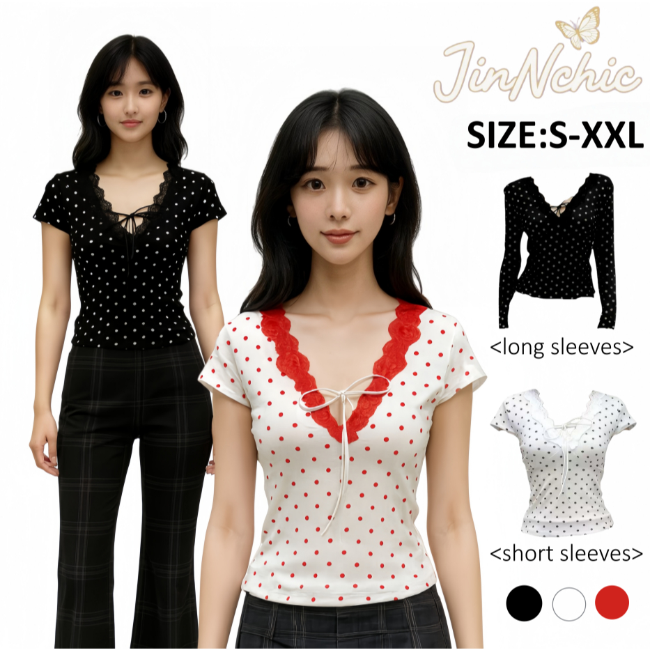JINNCHIC เสื้อยืดคอวีลูกไม้ลายจุดสไตล์เกาหลี รุ่นขายดี ใส่แล้วดูผอม เข้ารูป แมทช์ง่าย ลุคหวานน่ารัก มีให้เลือกทั้งแขนสั้