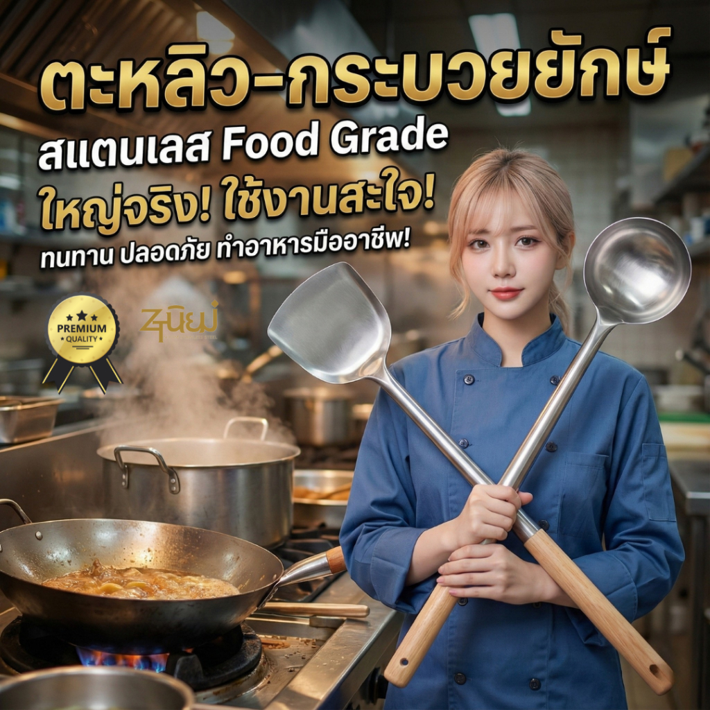 ตะหลิวยักษ์/กระบวยยักษ์ ด้ามไม้ สแตนเลสหนาพิเศษ ขนาด 80cm !ใหญ่ ยาว มาก! ใช้ทำอาหารเยอะๆ💥พร้อมส่ง💥