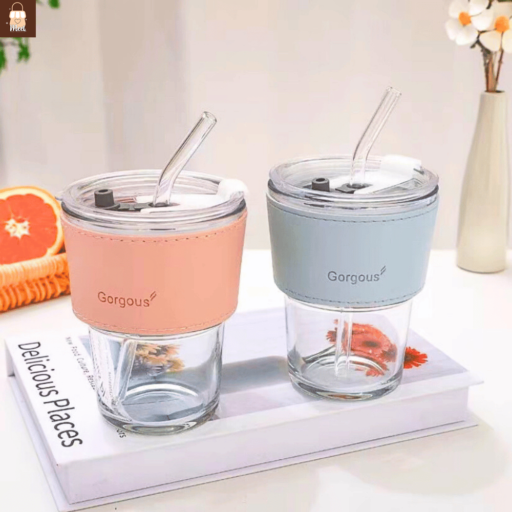 แก้วกาแฟ แก้วคาเฟ่ 420 ml. ใส่ได้ทั้งร้อนและเย็น พร้อมหลอดแก้วและปลอกหุ้มกันร้อน พร้อมส่ง!!!