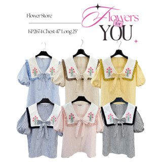 เสื้อเชิ้ตแขนตุ๊กตาทรงปกเหลี่ยม ดีเทลปักดอกไม้น่ารักมากกก มี…
