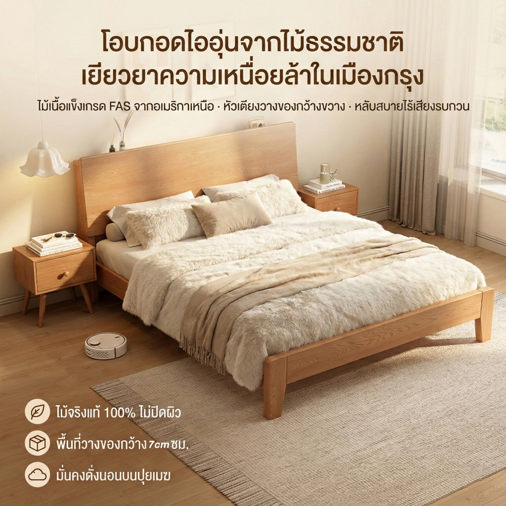 เตียงไม้เนื้อแข็ง ดีไซน์มินิมอลทันสมัย ​​เหมาะสำหรับอพาร์ทเมนต์ขนาดเล็ก แข็งแรงทนทาน มีให้เลือก 4/5/6 ฟุต - รูปที่ 5