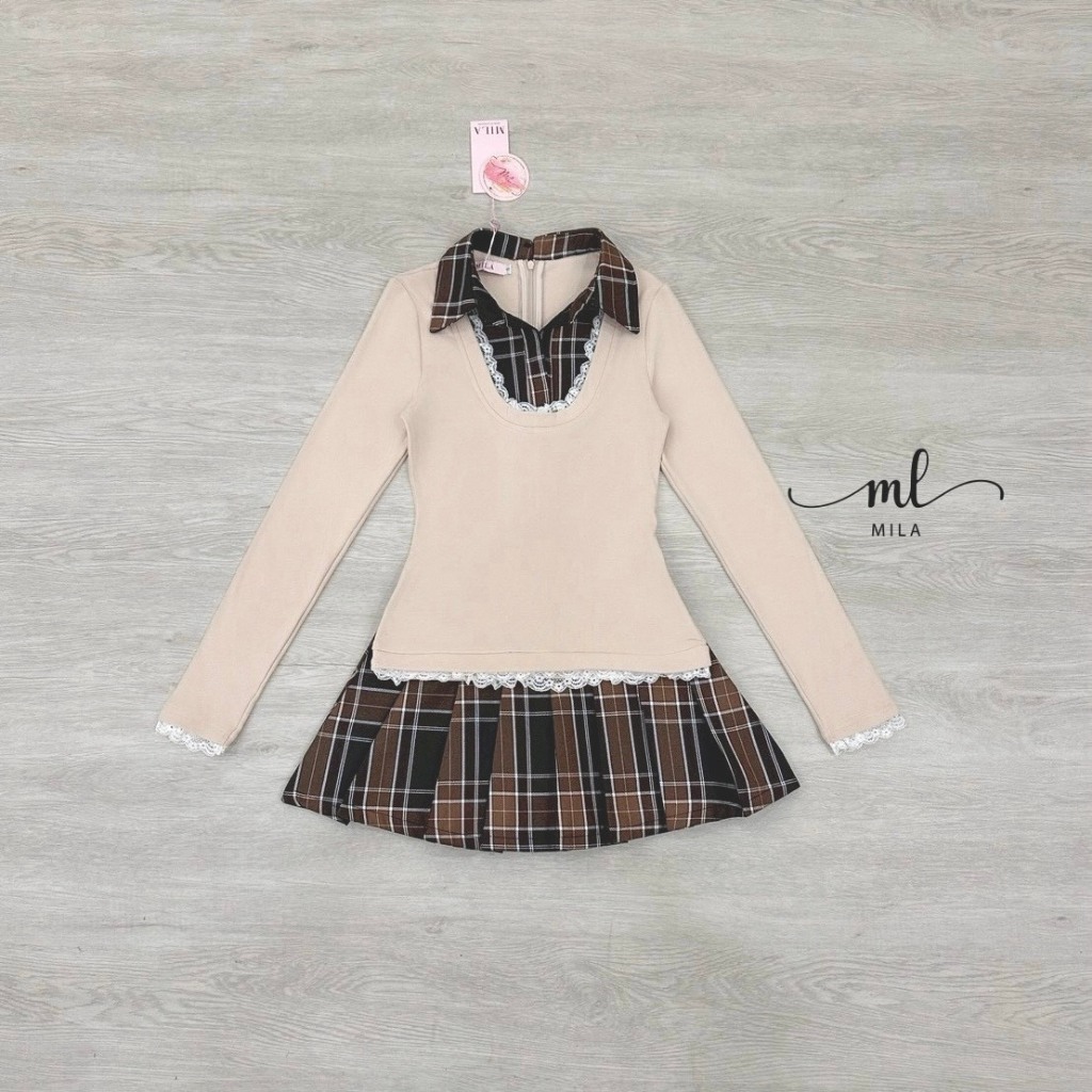 ❣️พร้อมส่ง📌 MILA SET เสื้อแขนยาว กับกระโปรงพลีทลายตาราง ซับในกางเกง ใส่เที่ยว ออกเดท สวย ละมุน - รูปที่ 6