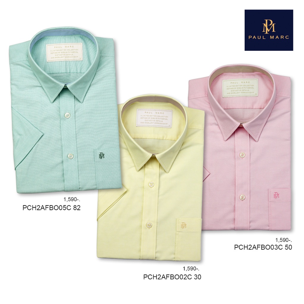 PAUL MARC เสื้อเชิ้ตแขนสั้น ผ้าoxford นุ่มรีดง่าย สีเขียว เหลือง ชมพู slim fit PCH2AFBO05C /02C/03C