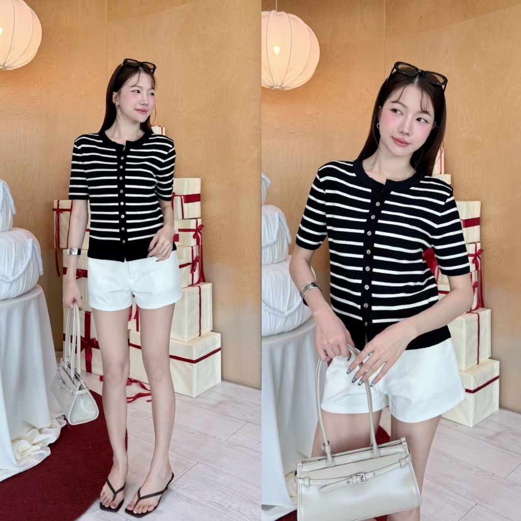 88story.th - Picco top พร้อมส่ง เสื้อไหมพรมลายริ้วแขนสั้น/แขนยาวกระดุมใช้งานได้จริง ผ้าหนากำลังดีและนุ่มมาก (อก35-42”) - รูปที่ 2