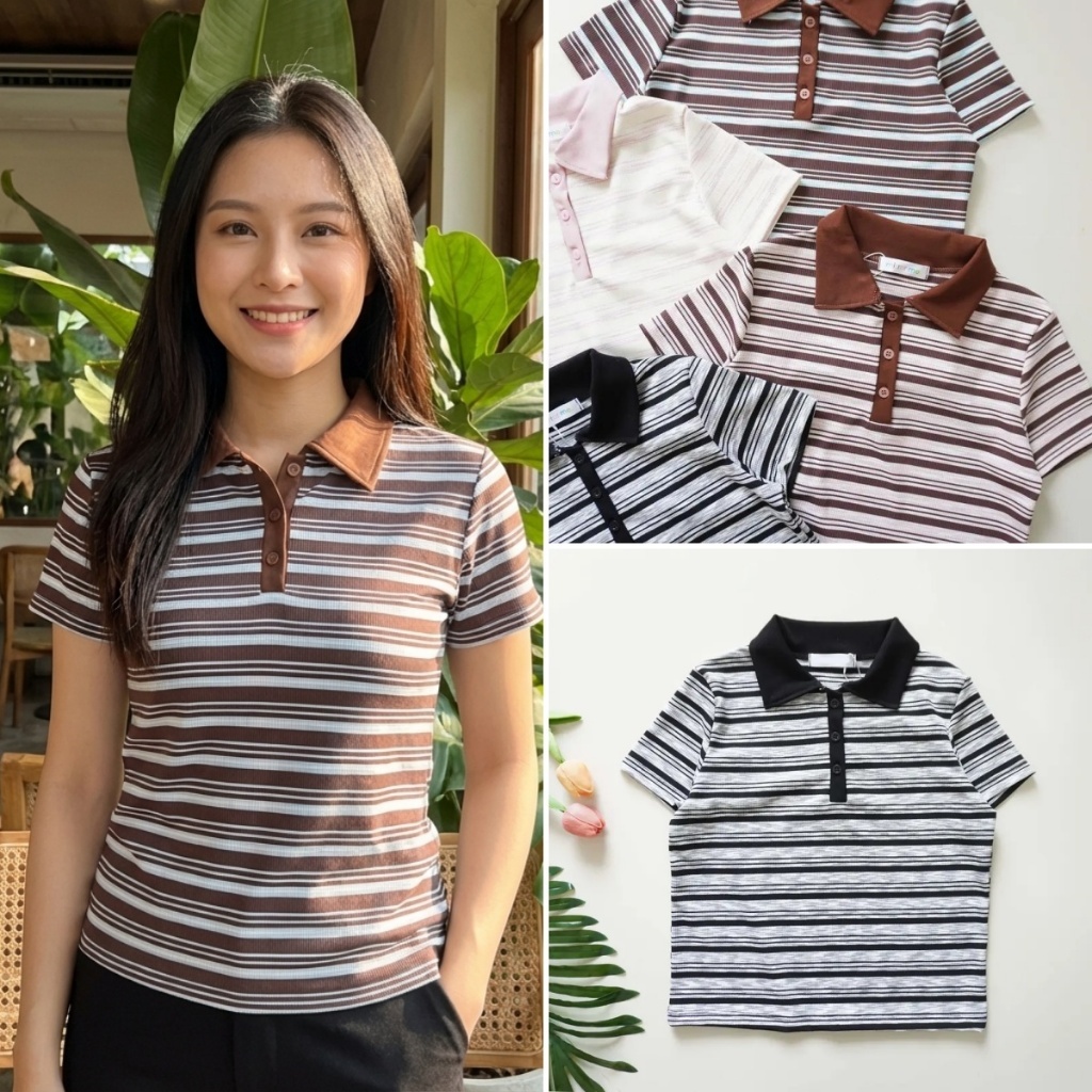 Hotgirl พร้อมส่ง เสื้อยืดแขนสั้นคอโปโลลายทางแฟชั่นผู้หญิง ดีไซน์ปุ่มด้านหน้า นุ่มและสบาย