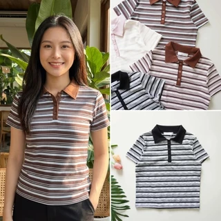 Hotgirl พร้อมส่ง เสื้อยืดแขนสั้นคอโปโลลายทางแฟชั่นผู้หญิง ดีไซน์ปุ่มด้านหน้า นุ่มและสบาย
