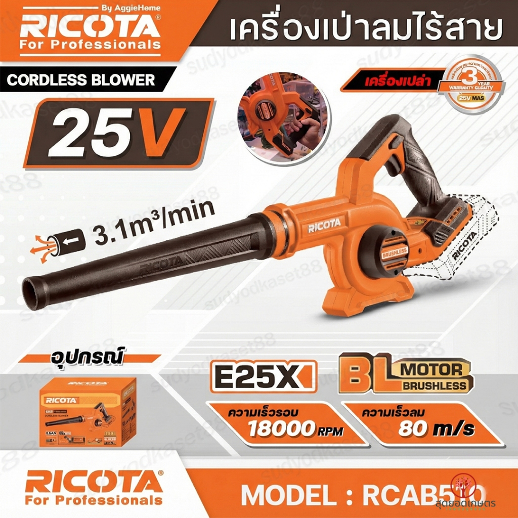 RICOTA เครื่องเป่าลม มี2รุ่น RCAB510 ตัวเปล่า / RCAB511 แบต 2.5Ah+แท่นชาร์จ 25V. เครื่องเป่าลมแบตเตอ