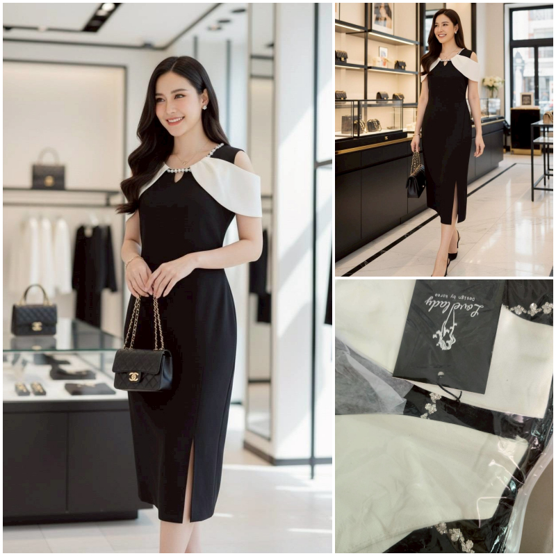 [ป้ายTag :  LLD Lovelady collection] เดรสดำเว้าแขน แขนแต่งผ้าไหมสีขาว คอปักอะไหล่เพชร A870
