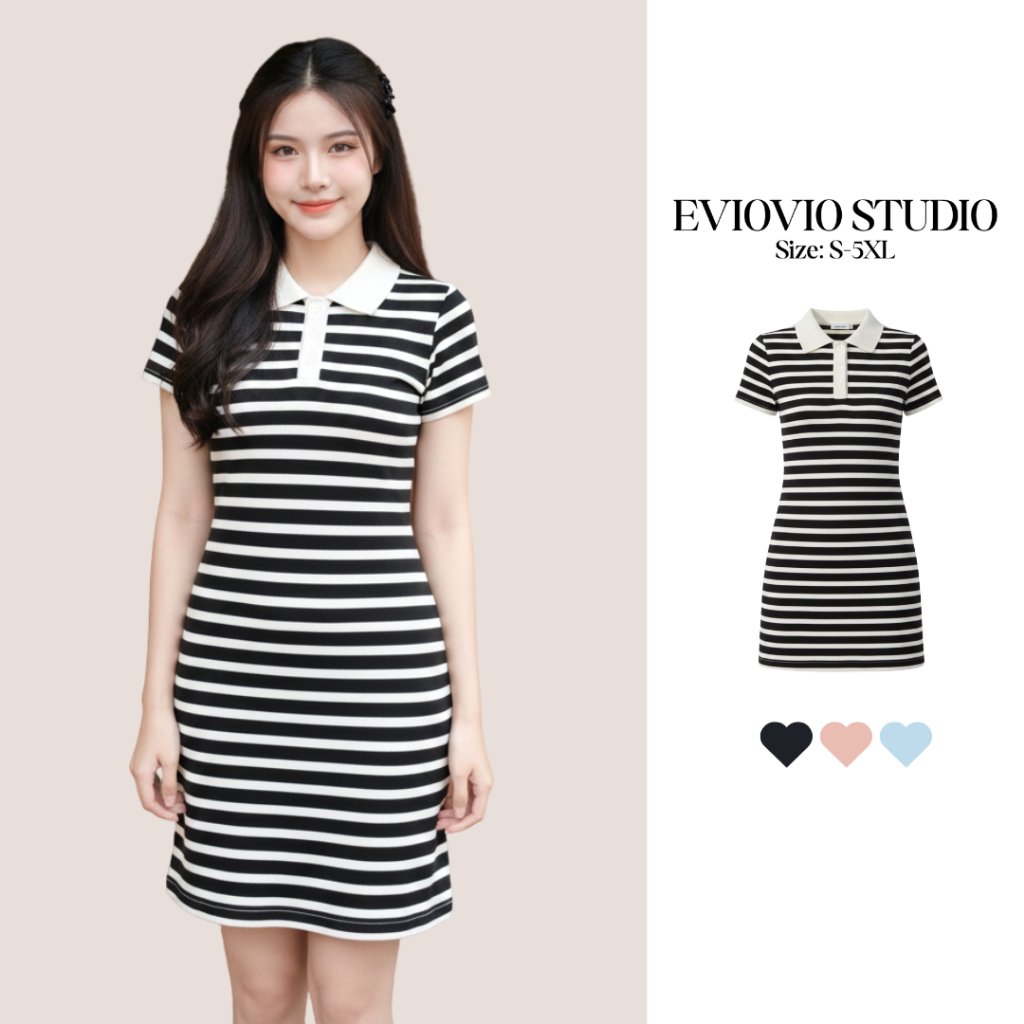 【EVIOVIO】ใหม่⚡ชุดเดรสดีเทลคอปกตัดสีเพิ่มความโดดเด่น ดูมีมิติ แมตช์กับรองเท้าผ้าใบหรือเครื่องประดับเรียบๆได้อย่างมีสไตล์💜
