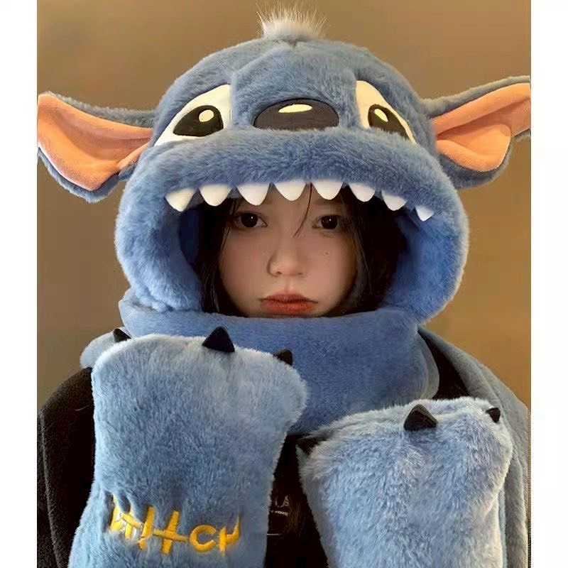 ส่งจากไทย💙 หมวกกันหนาว พร้อมผ้าพันคอ สติช ผ้าพันคอตุ๊กตา Lilo & Stitch winter hat scarf พร้อมที่สวมมือ 55012