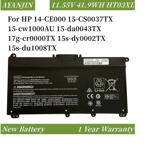 แบตเตอรี่ HT03XL 11.55V สำหรับ Pavilion HP 14-CE0025TU 14-CE0034TX 15-CS0037T 250 255 L11421-421 HST