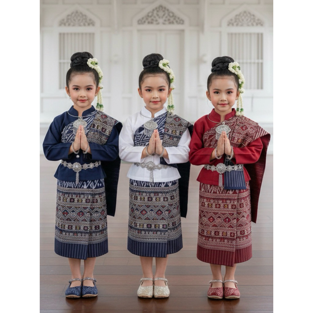 (รหัสTV)ชุดพื้นเมืองเด็กผู้หญิง ไม่รวมเครื่องประดับชุดเด็กภาคอีสาน งาน 3 ชิ้น เสื้อ ผ้าถุง สะไบ ผ้าผ้าฝ้าย พิมพ์ลาย