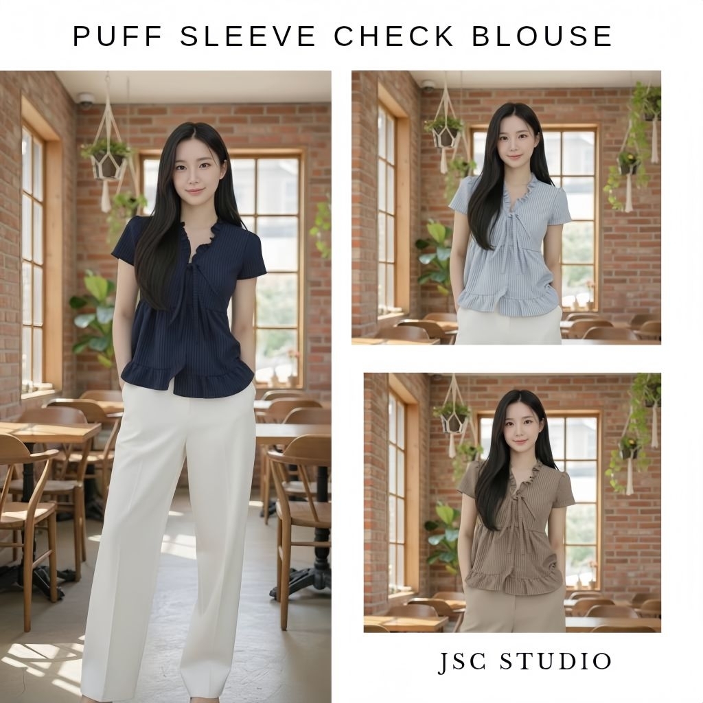 เสื้อคอระบาย ลายตาราง PSB11 I ผ้าคอตตอน ใส่สบาย ลุคเกาหลีมินิมอล