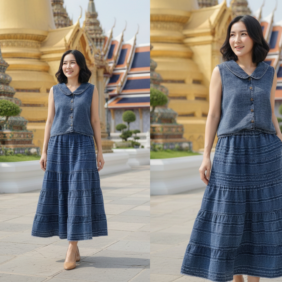 กระโปรงผ้าฝ้าย กระโปรงยาว ผ้าสาลู ผ้าฝ้ายทอลาย ทำหินขัด(Stone Wash) ยาวระบาย 5 ชั้น เนื้อผ้านุ่มมาก ราคา ถูกที่สุด ดีลบีเคเค