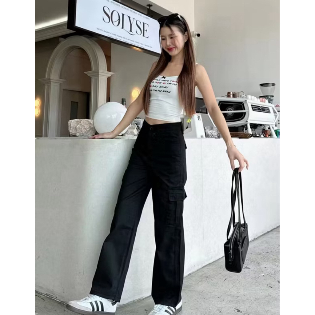 กางเกงคาร์โก้ สีดำ ผ้ายีนส์ Belin star ป้ายยังอยู่แค่ลอง✨ ใหม่มาก (L)