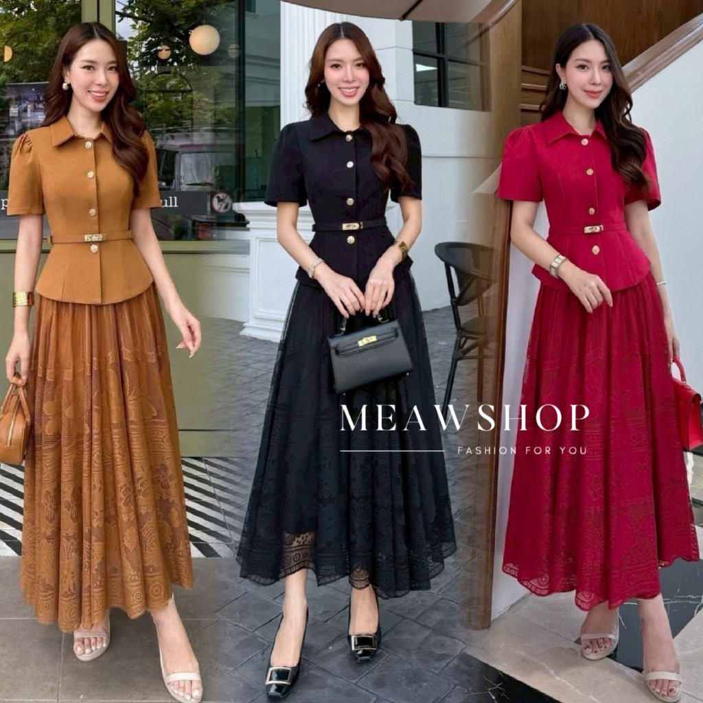 S-3XL Set 3ชิ้น เสื้อเบลเซอร์แขนสั้นคอปก+กระโปรงยาวลูกไม้+เข็มขัด ชุดทำงานผู้หญิง ชุดสาวอวบ อ้วน Bla