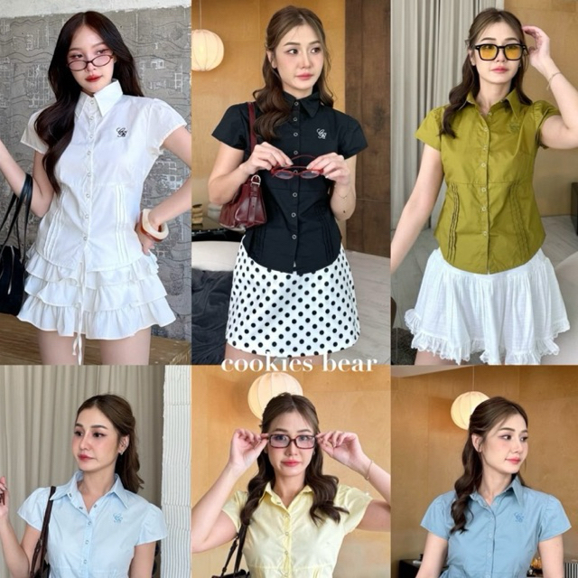 M22 - Cookies Bear 👜 เสื้อเชิ้ตแขนสั้นผ้าคอตตอน กระดุมสแนปผูกหลังเข้าเอว