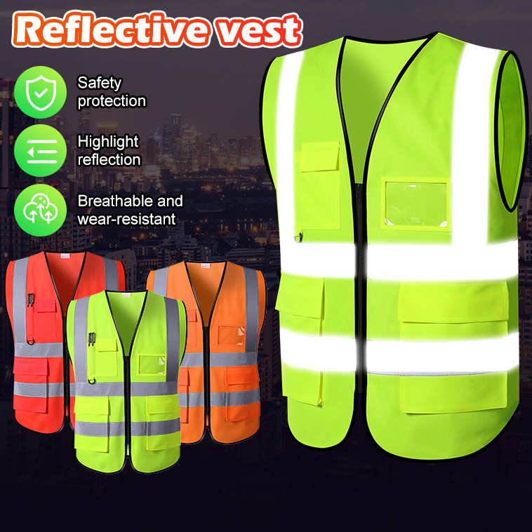 เสื้อกั๊กสะท้อนแสง Reflective safety vest มีซิปด้านหน้า เพื่อความปลอดภัย มองเห็นชัดสูง สําหรับทํางานก่อสร้าง จราจร