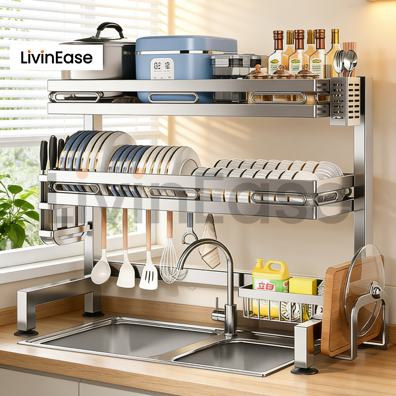 Lifinity⭐สแตนเลส304⭐ชั้นวางจาน 2ชั้น สำหรับอ่างล้างจาน รับน้ำหนัก 60kg ทนสนิม ประหยัดพื้นที่
