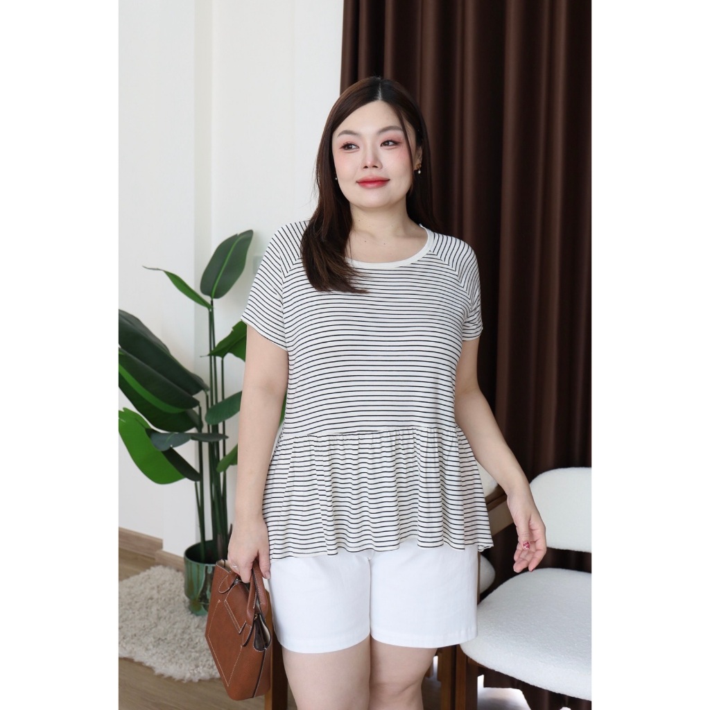 S200-0104 เสื้อยืดต่อระบายเอว ลายทาง อก40-50