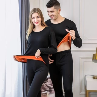 Plus size~Cold resistance -15℃ ชุดเสื้อผ้าชุดชั้นในกันหนาวสำหรับผู้ชายและผู้หญิง ชั้นฐานคอกลมกำมะหยี่หนา (เสื้อ+กางเกง)