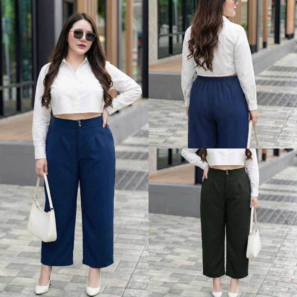 A28กางเกงขายาวทรงกระบอกใหญ่ เอวแต่งกระดุมผู้หญิง-ใส่ทำงานดีไซน์ทันสมัยสาวอวบ เอว 38-54“  สะโพก 64“  ยาว 39“  ต้นขา 32“