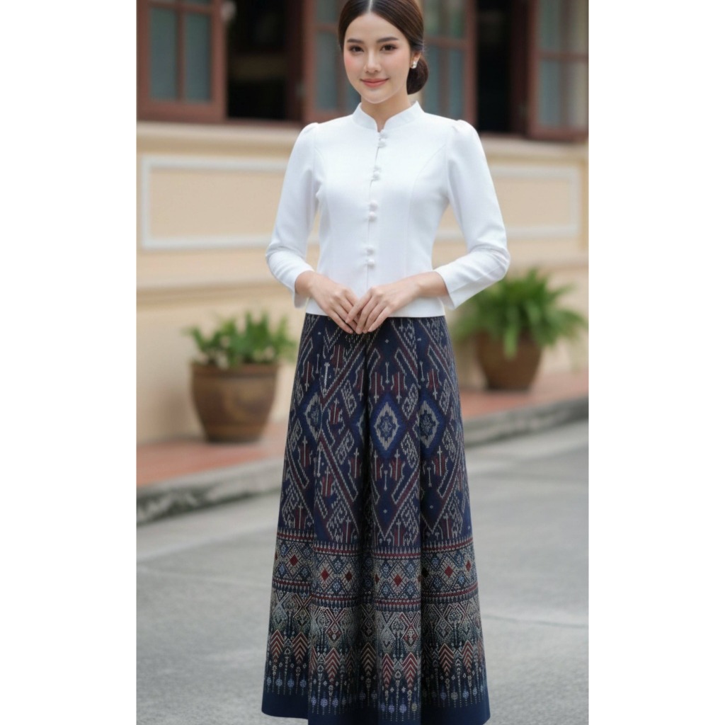 เสื้อผ้าฝ้ายลินินคอจีนกระดุมคู่สีขาว (ป02)