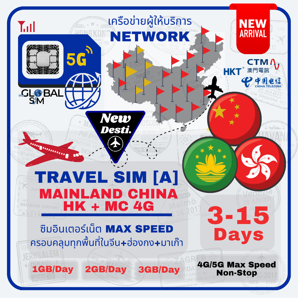 【The Global SIM】China, Hong Kong & Macau SIM จีนแผ่นดินใหญ่+เขตปกครองพิเศษ SAR, 3-15 Days 4G/5G Max speed Limit/day