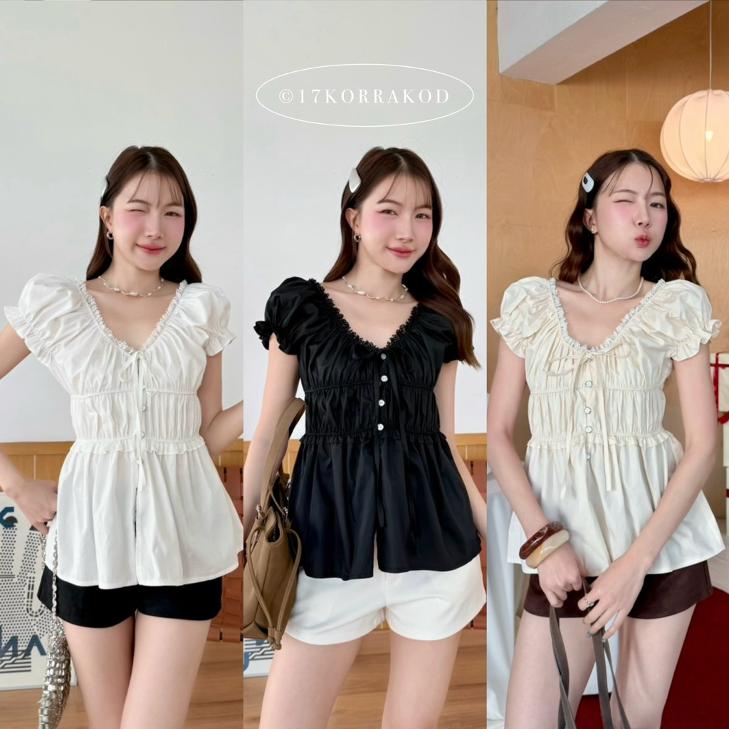 🌻เสื้อแขนตุ๊กตาตัวยาวคอวีแต่งลูกไม้ผูกโบว์ผ้าคอตตอน ดีเทลสม็อคลำตัว เข้ารูป ทรงสวย เกาหลี (Tothemoon)