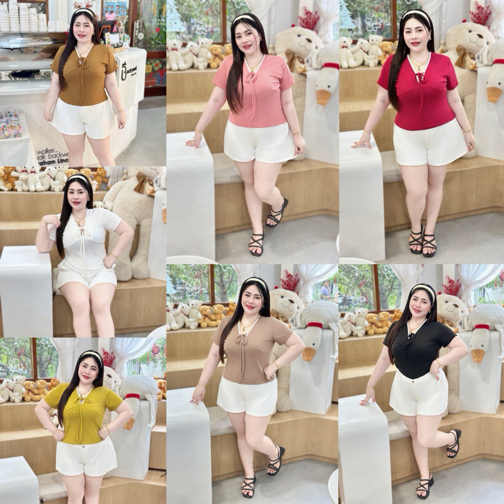 เสื้อสาวอวบ เสื้อคอวี อก38-46 แต่งกุ้น ผูกหน้า คอแต่งลูกไม้น่ารัก (A38)