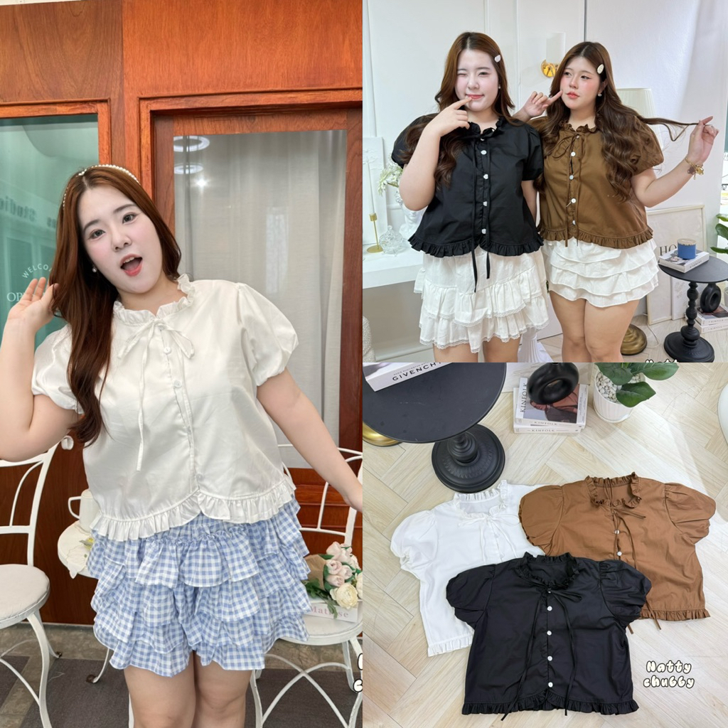 (NT) เสื้อแขนบอลลูน แต่งปกและชายระบาย น่ารักๆ แอบเรียบร้อย ใส่ทำงานได้ เสื้อผ้าสาวอวบอ้วน พลัสไซส์ ไซส์ใหญ่