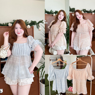 /JR/ เสื้อคอเหลี่ยมแขนตุ๊กตา2ชั้น ไซส์อก38-50 ผ่าหน้า ผ้าลาย…