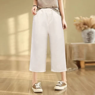 กางเกงยีนส์ 7 ส่วน S-10XL เอวสม็อค กางเกงยีนส์ทรงกระบอกกลาง ผ้านิ่มใส่สบาย
