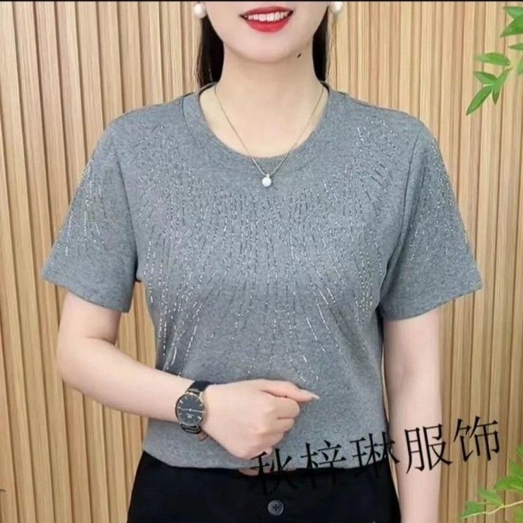 แม่ ราวด์เน็กใหม่ฤดูร้อน เสื้อแขนสั้น เสื้อคลุมผิวสุดชิค โซลิด สลิมฟิต เสื้อยืดลำลอง