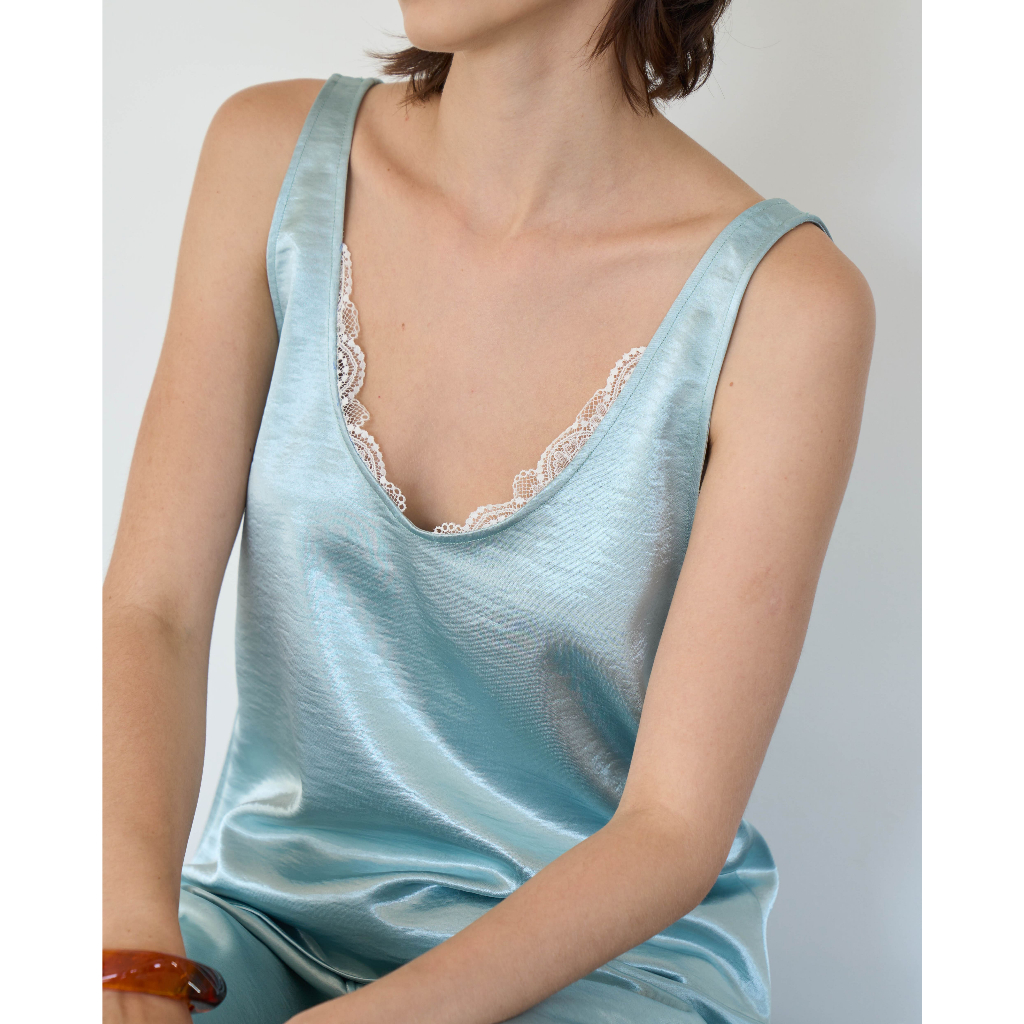Patcha.co - IRIS Relaxed Satin Lace Camisole in Mist Blue and Ivory เสื้อกล้ามผ้าซาติน ดีเทลลูกไม้ - PCCT037