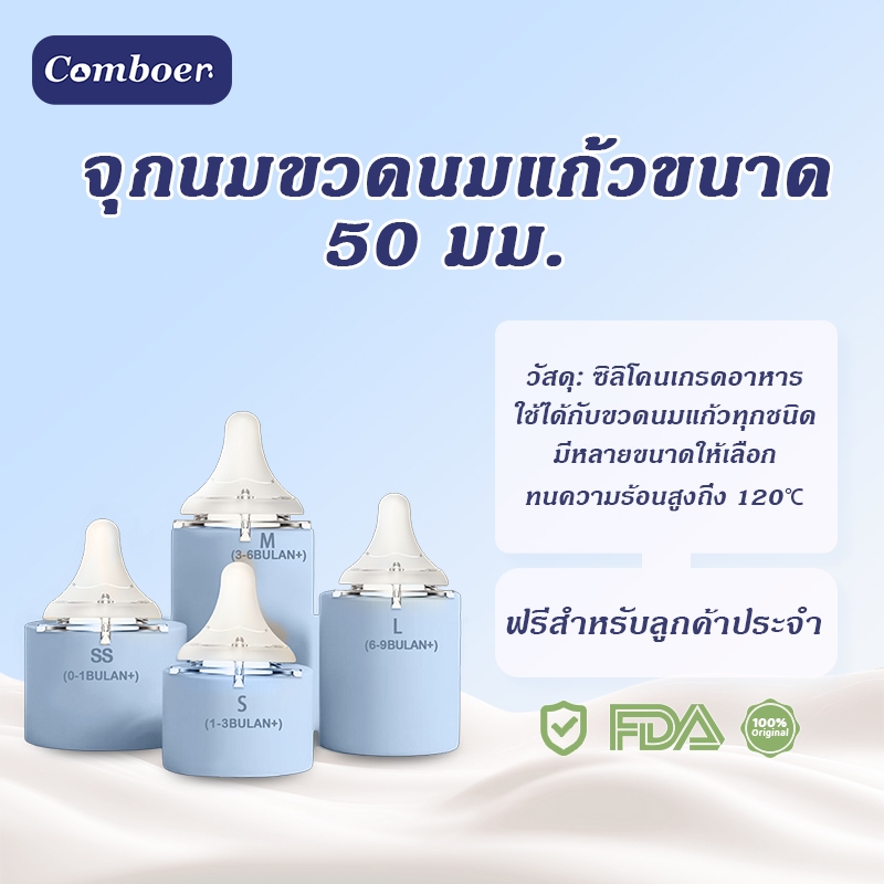 Comboer ขวดนมคอกว้าง ขนาด 5.0 ซม. พร้อมจุกนมเด็ก ซิลิโคนนิ่ม ปลอดสาร BPA รับรองโดย FDA ปลอดภัยสำหรับทารก 0-9 เดือน