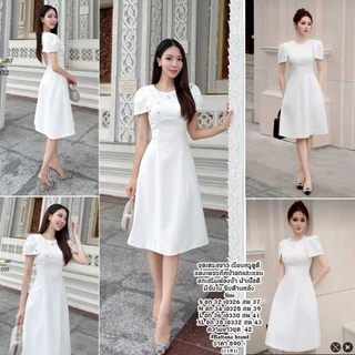 S-XXL✨ชุดเดรสสีขาว ครีม ดำ ฟ้า แดง ชมพู กระโปรงทรงบาน ใส่ออกงาน,ใส่ทำบุญ #สไตล์เบลล่า