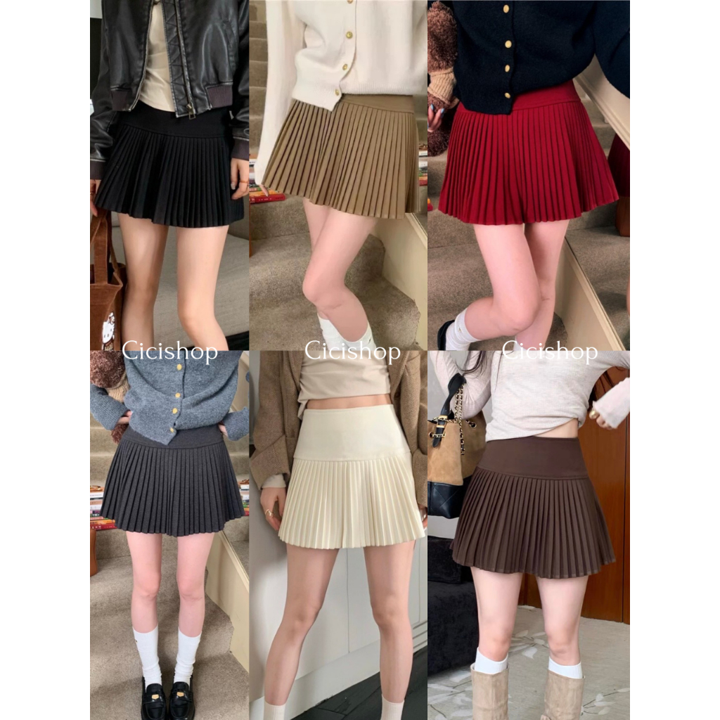 Cicishop(099) กระโปรงพลีทจีบเล็ก มีซับใน ผ้าวูล สไตล์เกาหลีเกาใจน่ารักคิคุ