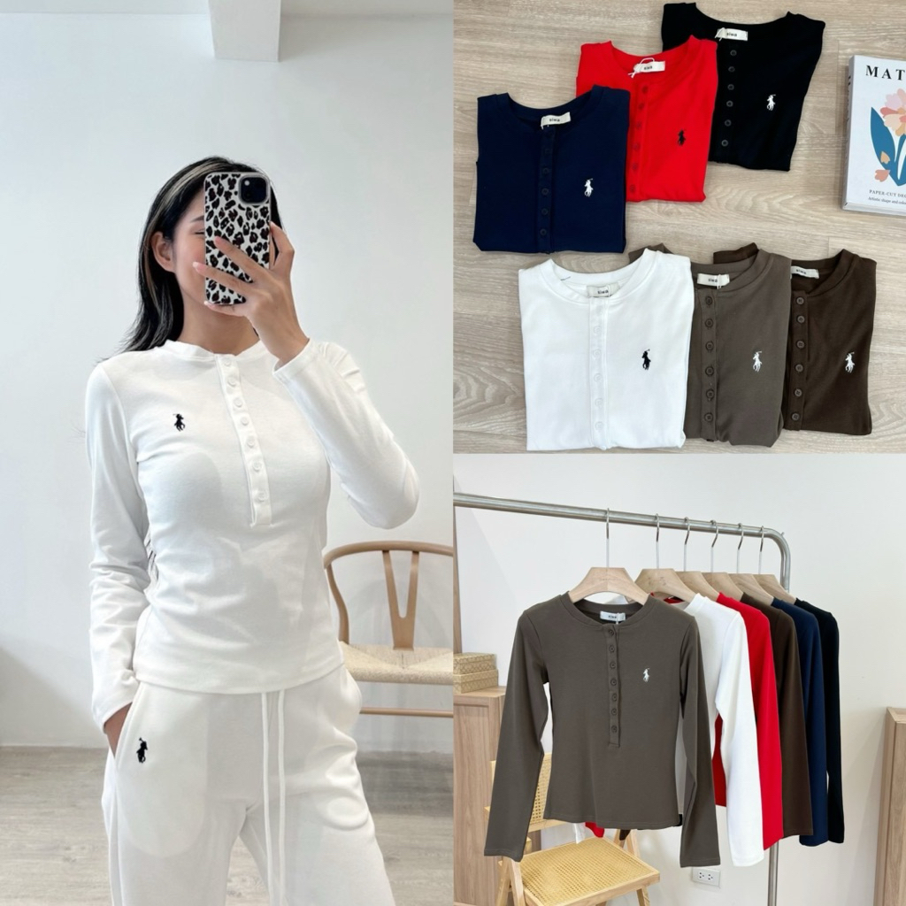 เสื้อยืดแขนยาว ทรงรัดรูป งานปัก แต่งกระดุม