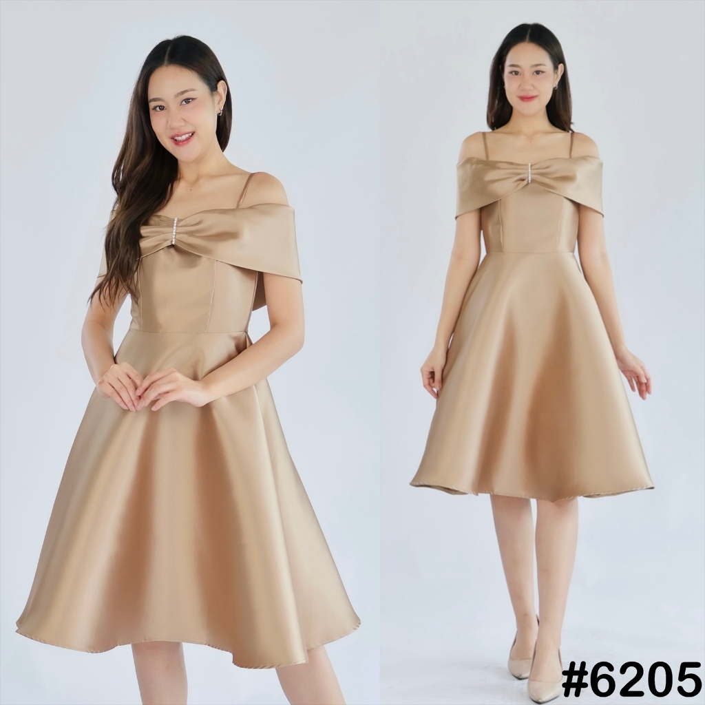 VG6205  สายสปาเกตตี้ แต่งจีบโบว์ ชุดไปงานแต่ง ชุดออกงาน เดรสเพื่อนเจ้าสาว [LUXURY707]