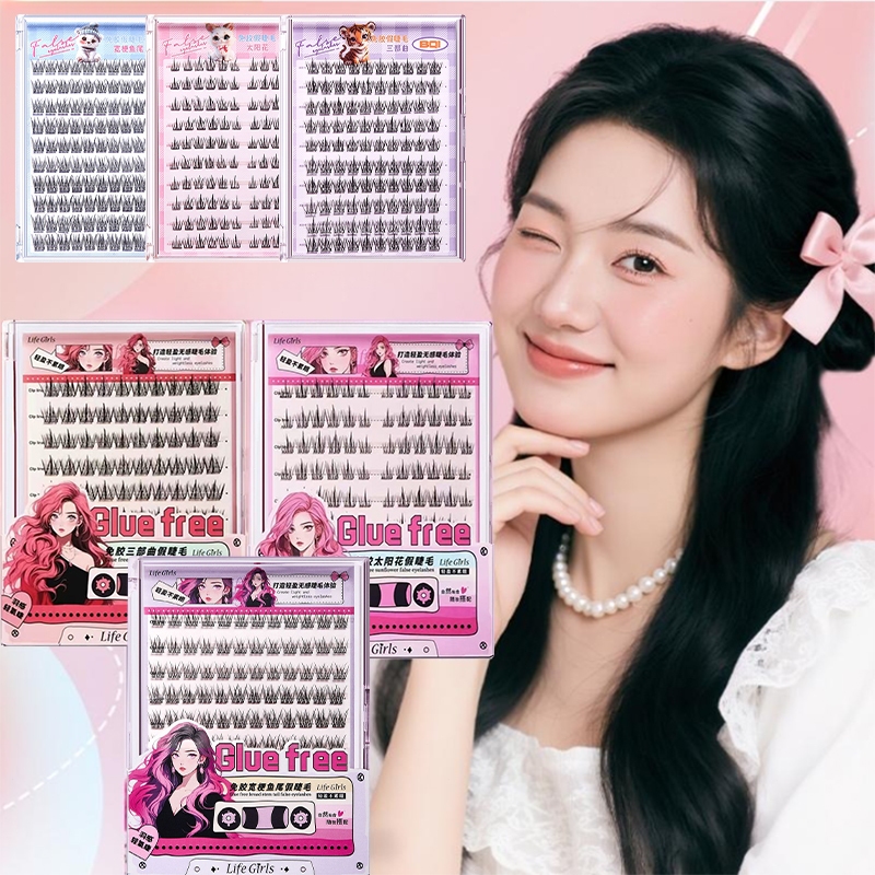 （ซื้อขนตาปลอม 1 กล่อง มอบแหนบ 1 อัน เป็นของขวัญ）Life Girls ขนตาปลอม 10-12 แถว 100/120 กระจุกต่อกล่อง ไม่จำเป็นต้องใช้กาว