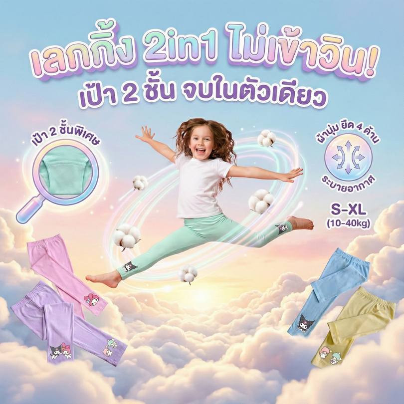 กางเกงเลกกิ้งเด็กสีพาสเทล (รุ่นอัพเกรด) 2in1 ซานรีโอ้ ใส่แทนกางเกงในได้เป้า2ชั้น กางเกงขายาวเด็กไม่บาดไม่เข้าวินไม่รั้ง
